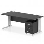 This photo shows a sleek and modern dynamic pedestal desk, measuring 1800 x 800mm, with a black top and silver cable managed leg. It also features a 3 drawer mobile pedestal for added storage. The design is perfect for a contemporary office or workspace.