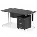 This picture displays a sleek and modern dynamic pedestal desk called Impulse. It features a black top and white cantilever legs, with a size of 1400 x 800mm. The workstation is straight and includes a 3 drawer mobile pedestal for storage. The overall design is clean and minimalist.