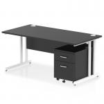 The Dynamic Pedestal Desk Impulse features a sleek black top and white cantilever legs. Its 1600 x 800mm straight design offers ample workspace, while the 2 drawer mobile pedestal provides convenient storage. Perfect for any modern office setting.