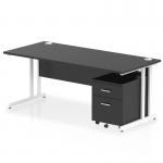 The photo captures a sleek and modern Dynamic Pedestal Desk Impulse, measuring 1800 x 800mm. Its black top contrasts elegantly with the cantilever white legs. A 2-drawer mobile pedestal completes the workstation, perfect for any dynamic office space.