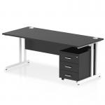 This picture shows a stylish and functional office desk. The Dynamic Pedestal Desk Impulse measures 1800 x 800mm and features a sleek black top and white cantilever leg. A 3 drawer mobile pedestal adds storage space for supplies. Perfect for any modern and efficient work environment.