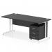 This picture shows a stylish and functional office desk. The Dynamic Pedestal Desk Impulse measures 1800 x 800mm and features a sleek black top and white cantilever leg. A 3 drawer mobile pedestal adds storage space for supplies. Perfect for any modern and efficient work environment.