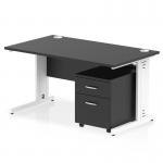 The Dynamic Pedestal Desk Impulse features a sleek black top with a white cable managed leg. It also includes a 2-drawer mobile pedestal for extra storage. The desk is 1400 x 800mm and perfect for any modern office space.