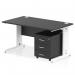This photo shows a modern and sleek black top office desk with a white cable managed leg. The desk measures 1400 x 800mm and includes a 3 drawer mobile pedestal for extra storage. It has a dynamic and professional appearance, perfect for any workspace.