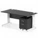 This photograph features a sleek, modern office desk measuring 1600 x 800mm. It has a black top and white cable managed leg workstation, along with a 2 drawer mobile pedestal. The overall look is clean and streamlined.