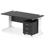 Impulse 1600 x 800mm Straight Office Desk Black Top White Cable Managed Leg Workstation 3 Drawer Mobile Pedestal I005439