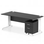 This image shows a sleek black desk with a white cable managed leg. It features a spacious 1800 x 800mm straight top, along with a mobile pedestal with 2 drawers for storage. The desk exudes a dynamic and modern feel, perfect for any office space.