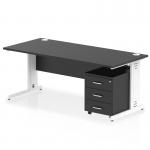 The photo displays a sleek black top workstation with white cable managed legs and a 3 drawer mobile pedestal attached. The desk is straight and measures 1800 x 800mm, making it spacious and functional. It exudes a modern and professional vibe, perfect for any office setting.