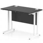 This picture is of a sleek and modern office desk. The top is black and the cantilever leg is white, creating a stylish contrast. It is a rectangular shape and measures 1000 x 600mm. The design is dynamic and would make a great addition to any office space.