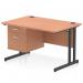 This photograph features a 1200 x 800mm straight office desk with a beech top and black cantilever leg. It also includes a fixed 2 drawer pedestal. The desk has a dynamic design and is ideal for any modern workspace.