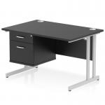 The Dynamic Pedestal Desk Impulse features a sleek black top and striking silver cantilever leg. Its 1200 x 800mm size provides ample workspace, while the 2-drawer fixed pedestal adds convenient storage. Perfect for any modern office setup.