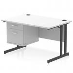 The Dynamic Pedestal Desk Impulse features a sleek white top and bold black cantilever legs. Its straight design provides ample workspace and includes a fixed pedestal with two drawers for storage. This workstation is perfect for any office setting.