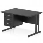The Dynamic Pedestal Desk Impulse features a sleek, black top and coordinating cantilever legs for a modern office workstation. A 3-drawer fixed pedestal provides storage. The desk measures 1200 x 800mm and has a straight design.