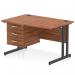 The picture shows a sleek Dynamic Pedestal Desk Impulse measuring 1200 x 800mm. It features a straight office desk with a striking walnut top and a sturdy black cantilever leg. There is also a fixed pedestal with 3 drawers for keeping office supplies organized.