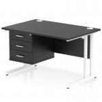 This picture is a sleek and modern office desk, featuring a black top and white cantilever leg. It is 1200 x 800mm and includes a 3 drawer fixed pedestal for added storage. Perfect for a dynamic and productive workspace.