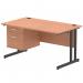 The dynamic pedestal desk features a spacious beech top with sleek black cantilever legs. It also includes a 2 drawer fixed pedestal for extra storage. The straight design adds a modern touch to any office space.