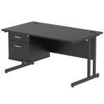 Impulse 1400 x 800mm Straight Office Desk Black Top Black Cantilever Leg Workstation 1 x 2 Drawer Fixed Pedestal I005464