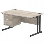 Impulse 1400 x 800mm Straight Office Desk Grey Oak Top Black Cantilever Leg Workstation 1 x 2 Drawer Fixed Pedestal I005465