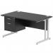 This photo features a sleek Dynamic Pedestal Desk with a black top and silver cantilever leg. It measures 1400 x 800mm and includes a 2 drawer fixed pedestal. The office desk is straight and offers a spacious workstation.