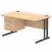 The photo shows a sleek and functional Dynamic Pedestal Desk Impulse with 1400 x 800mm straight office desk, a maple top and black cantilever leg workstation. It comes with 1 x 2 drawer fixed pedestal for storage.