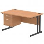 The photo shows a dynamic pedestal desk with an oak top and black cantilever leg. It measures 1400 x 800mm and features 1 fixed pedestal with 2 drawers. The workstation is sleek and modern, fitting perfectly into any office space.