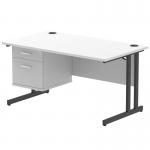 This picture shows a dynamic pedestal desk with a white top and black cantilever legs. It is 1400 x 800mm in size and has a straight design. The desk includes a fixed pedestal with 2 drawers for storage.