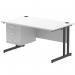 This picture shows a dynamic pedestal desk with a white top and black cantilever legs. It is 1400 x 800mm in size and has a straight design. The desk includes a fixed pedestal with 2 drawers for storage.