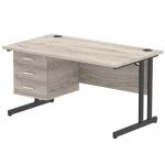 Impulse 1400 x 800mm Straight Office Desk Grey Oak Top Black Cantilever Leg Workstation 1 x 3 Drawer Fixed Pedestal I005474