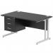 The dynamic pedestal desk features a sleek black top with silver cantilever legs. It measures 1400 x 800mm and comes with a 3 drawer fixed pedestal. This modern workstation is perfect for any office setting.