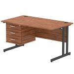 This photo showcases a sleek and modern Dynamic Pedestal Desk Impulse with a Walnut top and Black cantilever legs. The 1400 x 800mm size offers plenty of workspace, with a convenient 3 drawer fixed pedestal for storage. Ideal for any office setting.