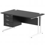 This photo features a sleek and modern Dynamic Pedestal Desk Impulse. It measures 1400 x 800mm and has a straight design with a black top and white cantilever legs. It also includes a 3 drawer fixed pedestal for convenient storage.