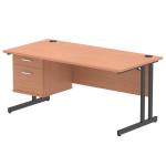 Impulse 1600 x 800mm Straight Office Desk Beech Top Black Cantilever Leg Workstation 1 x 2 Drawer Fixed Pedestal I005481