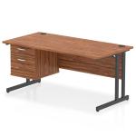 Impulse 1600 x 800mm Straight Office Desk Walnut Top Black Cantilever Leg Workstation 1 x 2 Drawer Fixed Pedestal I005488