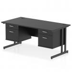 This dynamic pedestal desk features a black top and sleek black cantilever legs. It measures 1600 x 800mm and includes 2 x 2 drawer fixed pedestals for storage. Perfect for any office workstation.