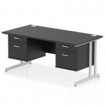 This photo shows a stylish black top and silver cantilever leg workstation. The dynamic pedestal desk features a 1600 x 800mm straight office desk, as well as two fixed pedestals with two drawers each. Perfect for a modern and functional workspace.