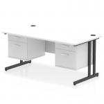 This photograph features a sleek white office desk with black cantilever legs. The desk is 1600 x 800mm in size and has a straight design, with a 2 drawer fixed pedestal on each side. The surface is clean and modern, perfect for a dynamic workspace.