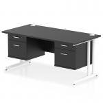 The desk has a sleek and modern design with a black top and white cantilever legs. Two 2-drawer fixed pedestals are attached, providing ample storage space. This dynamic pedestal desk measures 1600 x 800mm and is perfect for any office space.