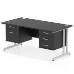 The Dynamic Pedestal Desk features a sleek black top and silver cantilever legs, measuring 1600 x 800mm and providing ample workspace. It also includes a 2 drawer and 3 drawer fixed pedestal, perfect for organization and storage.