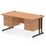 The dynamic pedestal desk features a sleek oak top and contrasting black cantilever legs. It includes one 2-drawer and one 3-drawer fixed pedestal for ample storage space. This workstation measures 1600 x 800mm and has a straight design, making it a stylish and functional addition to any office.