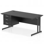 This picture showcases a sleek and modern Dynamic Pedestal Desk Impulse in black. The desk measures 1600 x 800mm and features a straight surface supported by stylish cantilever legs. A 3 drawer fixed pedestal complements the desk, providing ample storage space.