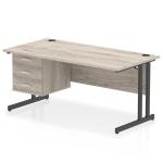 Impulse 1600 x 800mm Straight Office Desk Grey Oak Top Black Cantilever Leg Workstation 1 x 3 Drawer Fixed Pedestal I005510