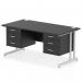 This photographic image features a sleek and modern Dynamic Pedestal Desk Impulse, measuring 1600 x 800mm. Its straight office desk design boasts a striking black top and sturdy silver cantilever leg for support. The workstation also comes equipped with two 3-drawer fixed pedestals for added storage space.