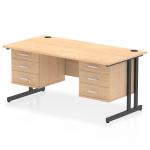 This picture shows a Dynamic Pedestal Desk Impulse with a 1600 x 800mm straight maple top. The desk is supported by black cantilever legs and includes two 3-drawer fixed pedestals.