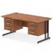 This photograph captures a sleek and modern dynamic pedestal desk. The desk features a walnut top and black cantilever legs, providing a stylish and sophisticated workstation. It also includes two 3-drawer fixed pedestals for storage and organization. With a size of 1600 x 800mm, this desk is perfect for any office space.