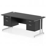 The image shows a stylish dynamic pedestal desk with a black top and silver cantilever leg, measuring 1800 x 800mm. It features a straight design and includes 2 x 2 drawer fixed pedestal for storage. Perfect for any office, this workstation provides a sleek and modern look.