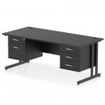 This photograph features a sleek and modern Dynamic Pedestal Desk Impulse 1800 x 800mm Straight Office Desk in black with a cantilever leg. The desk includes a 2 drawer and 3 drawer fixed pedestal for storage. Perfect for a stylish and functional workspace.