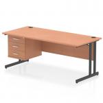 This photograph shows a sleek and modern Dynamic Pedestal Desk Impulse, with a 1800 x 800mm straight beech top and black cantilever leg. It also features a 3 drawer fixed pedestal for added storage. The desk exudes a simple, yet functional design that is perfect for any office space.