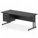 This photograph features a sleek black top straight office desk, measuring 1800 x 800mm, with a sturdy cantilever leg for support. The desk also includes a 3 drawer fixed pedestal for storage.
