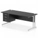 This is an image of a sleek and modern Dynamic Pedestal Desk Impulse. It features a black top with a silver cantilever leg, measuring 1800 x 800mm. There is also a 3 drawer fixed pedestal attached to the side. The overall design is perfect for any office or workspace.
