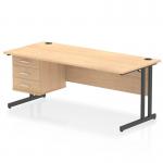 This picture features a dynamic pedestal desk with a maple top and black cantilever legs. The desk is 1800 x 800mm and includes a 3 drawer fixed pedestal. The workstation is sleek and modern, providing a functional yet stylish addition to any office space.